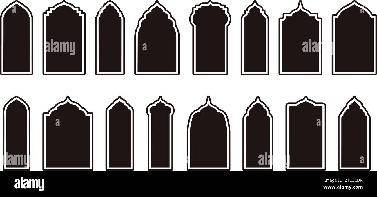 Orientalische Modern Boho Design Elemente in islamischem Stil Grenzen und Rahmen. Illustrationen mit Fenstern und Bögen verleihen Eleganz. Stock Vektor