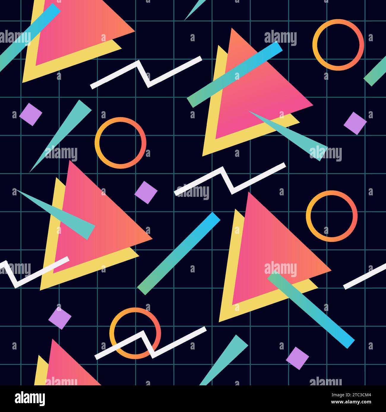 Nahtloses Muster mit Gitter und geometrischen Formen von 90. Rechtecke, Kreise und Quadrate. Ästhetik der 80er Jahre. Retro-Grafikdesign für Hintergründe und Poster. Stock Vektor