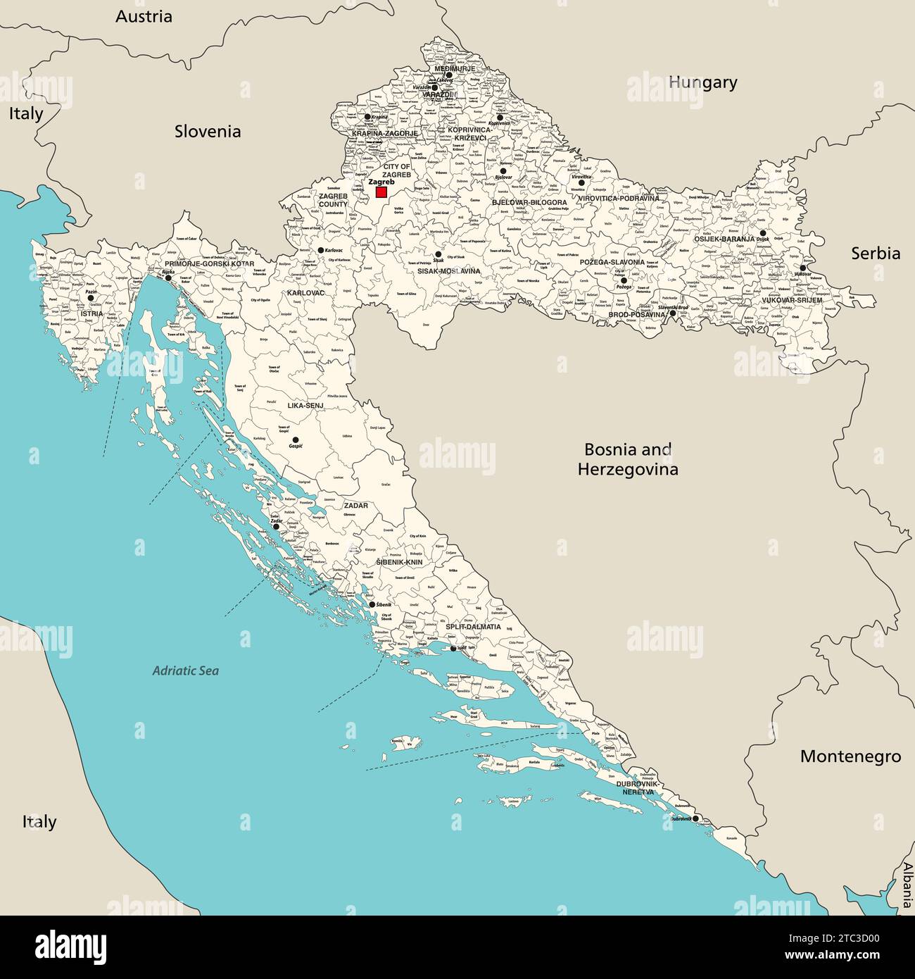 Kroatische Verwaltungsbereiche detaillierte Vektorkarte mit allen Grafschaften, Hauptstädten jeder Grafschaften, Gemeinden und Städte Inschriften Stock Vektor
