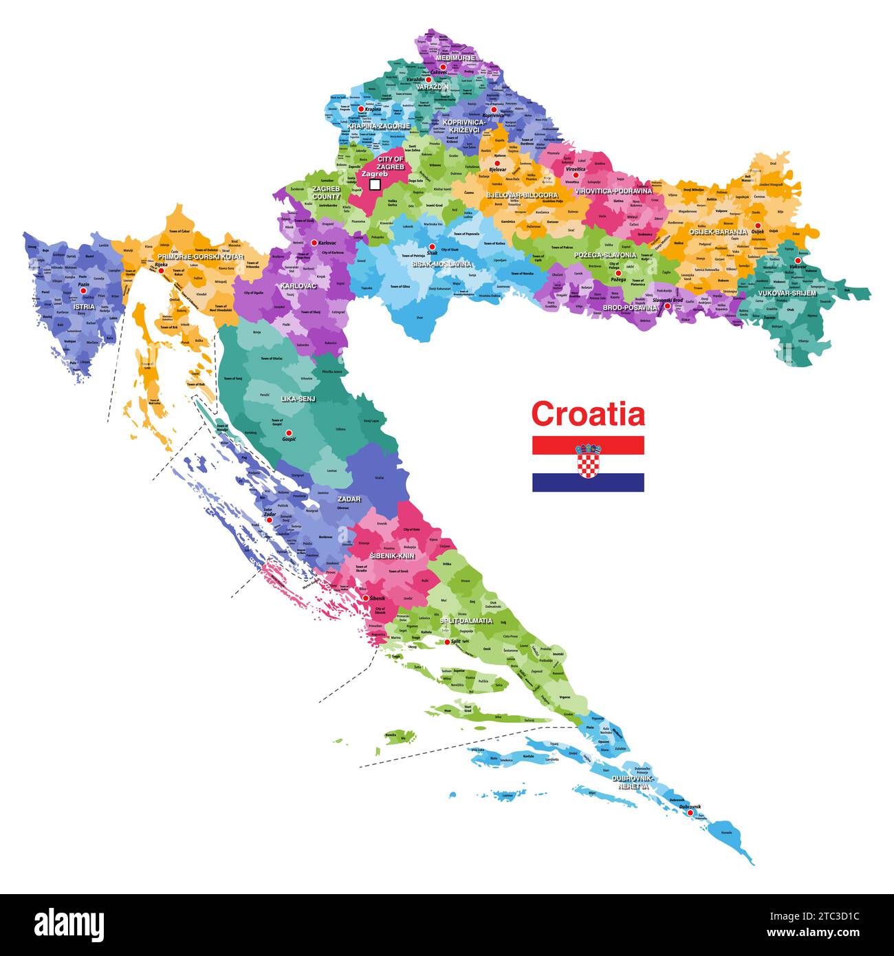 Kroatien Verwaltungsbereiche detaillierter Vektor isolierte bunte Karte mit allen Grafschaften, Hauptstädten jeder Grafschaft, Gemeinden und Städte insc Stock Vektor