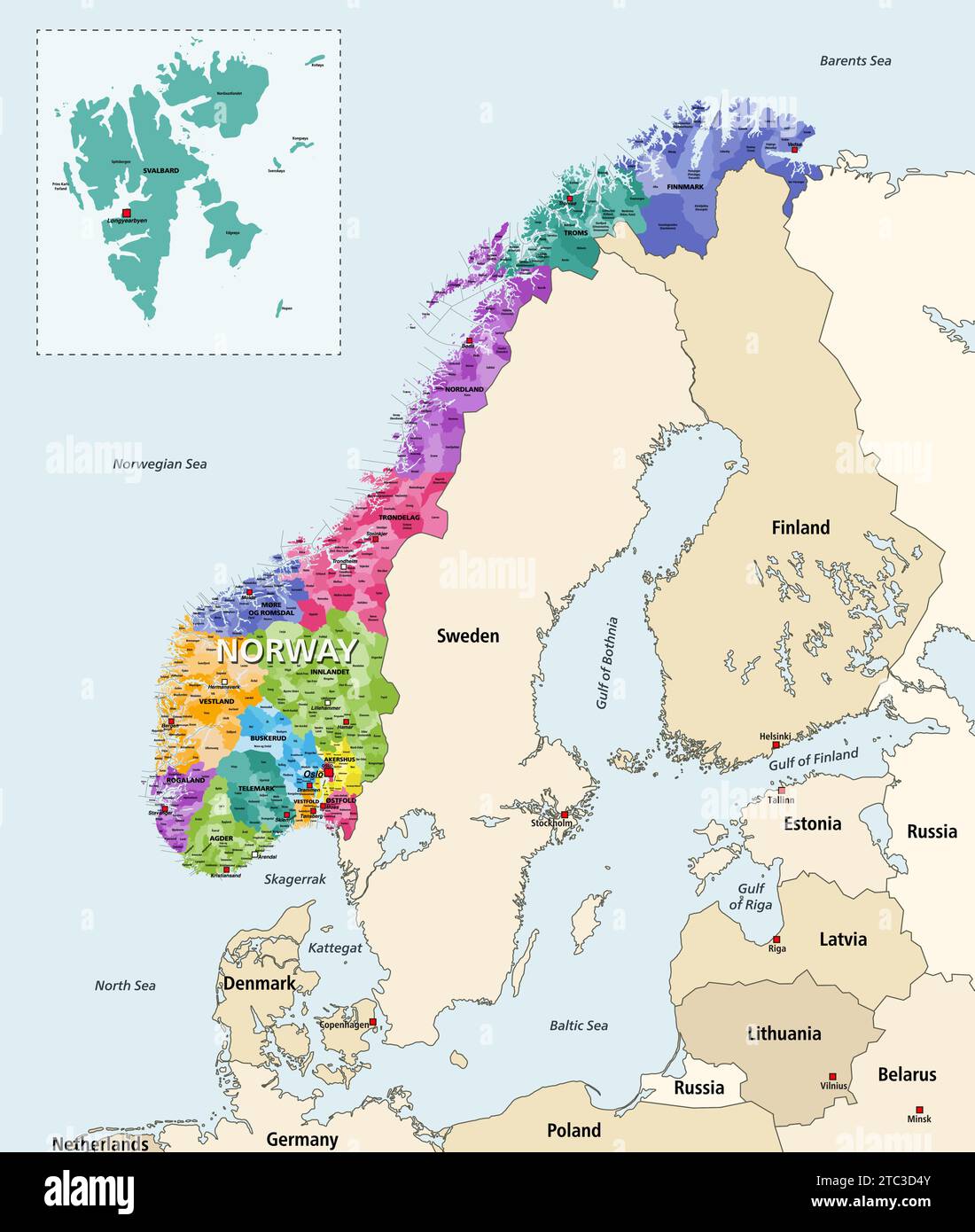 Norwegische Gemeinden detaillierte Vektorkarte farbig nach Verwaltungsregionen (Grafschaften). Karte von Norwegen umgeben von anderen Ländern Stock Vektor