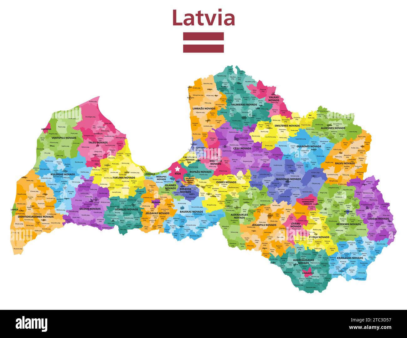 Lettische Bundesstädte, Gemeinden, Gemeinden und Städte detaillierte Vektor-isolierte Karte Stock Vektor