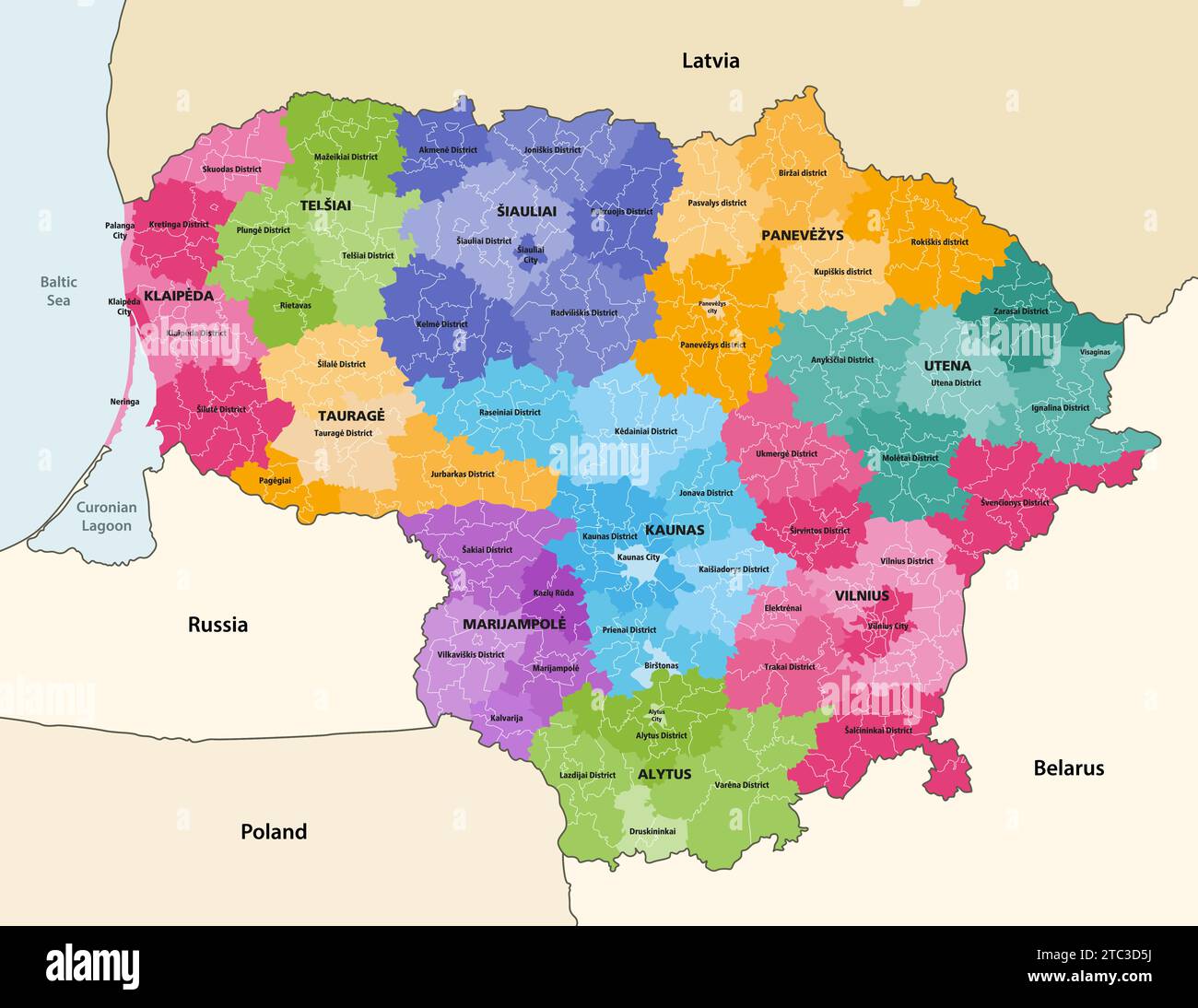 Vektorkarte der litauischen Verwaltungsbereiche (Grafschaften, Gemeinden und Ältesten) mit Nachbarländern und Gebieten Stock Vektor