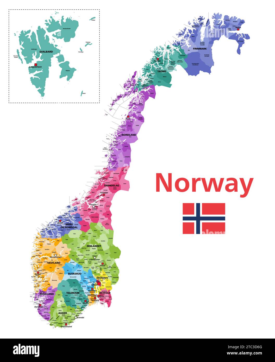 Norwegische Gemeinden detaillierte Vektorkarte farbig nach Verwaltungsregionen (Grafschaften). Alle Gemeinden und Hauptstädte sind benannt. Flag von Stock Vektor