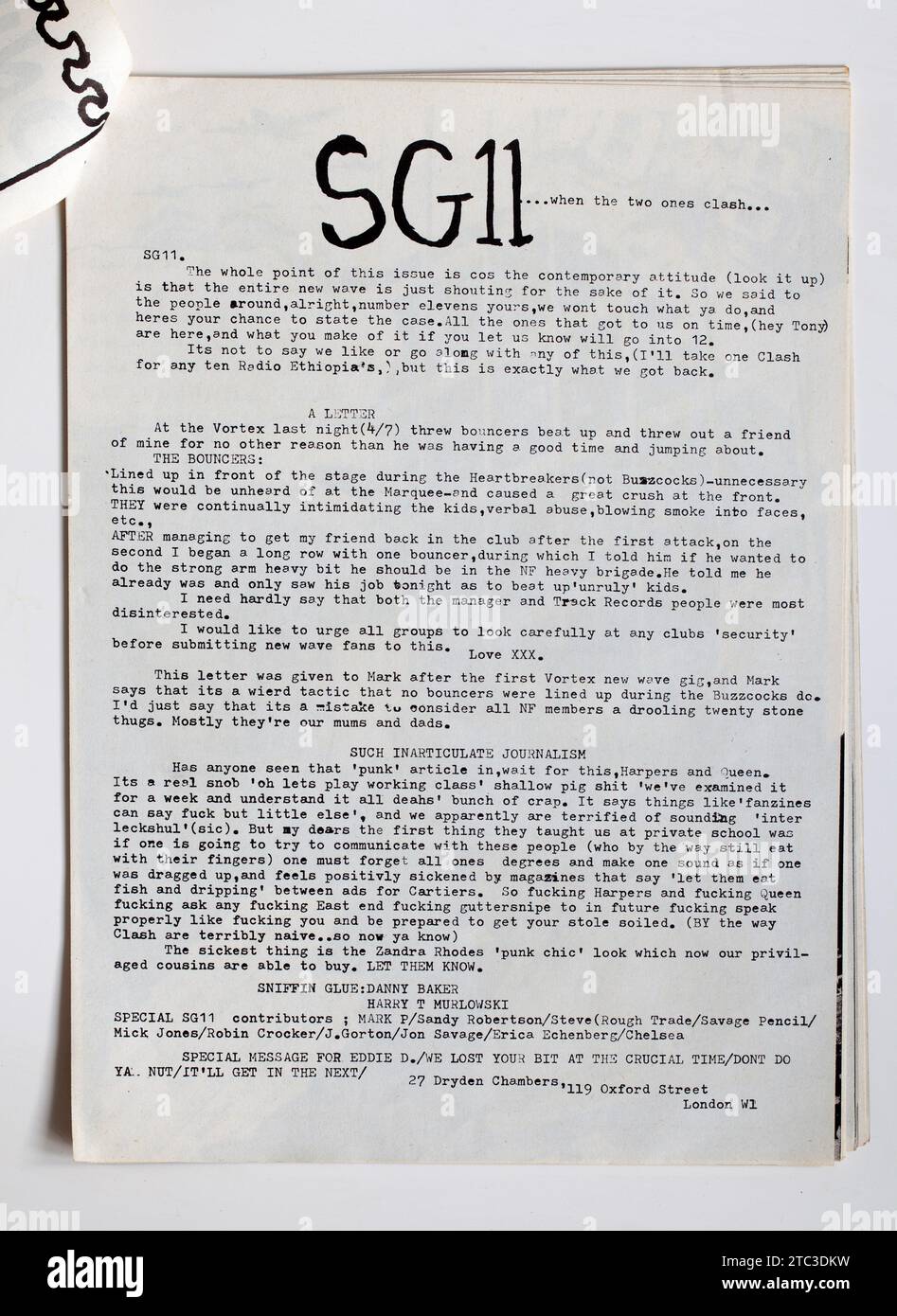 Editorial Comment von Danny Baker und Henry Murlowski im 1970er Jahre SNIFFIN GLUT Punk Rock Fanzine Magazine Stockfoto