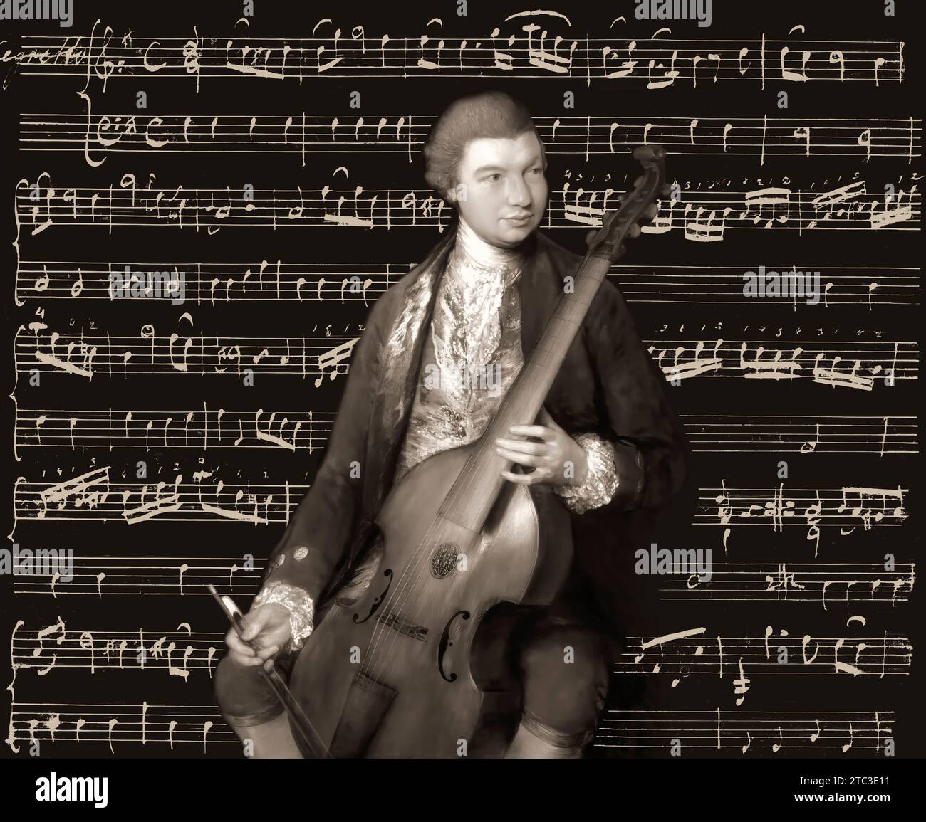 Carl Friedrich Abel, 1723–1787, deutscher Komponist, digital bearbeitet nach einem Gemälde von Thomas Gainsborough, Sonaten für Viola da Gamba und Bass, geschrieben in eigener Hand Stockfoto