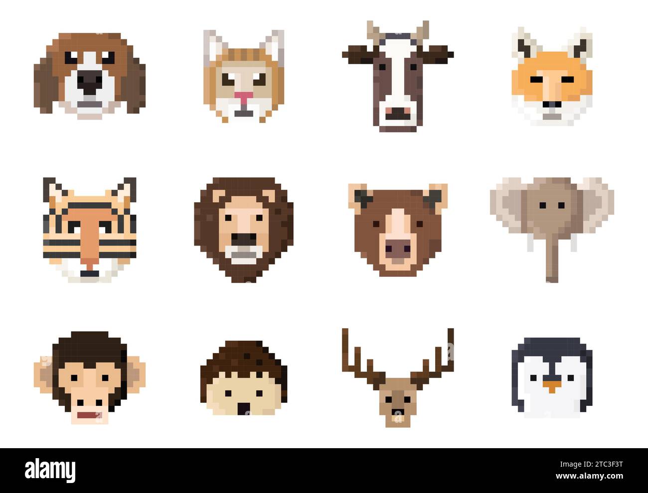 Tiere Gesichter in Pixel Art Stil Vektor Set Stock Vektor