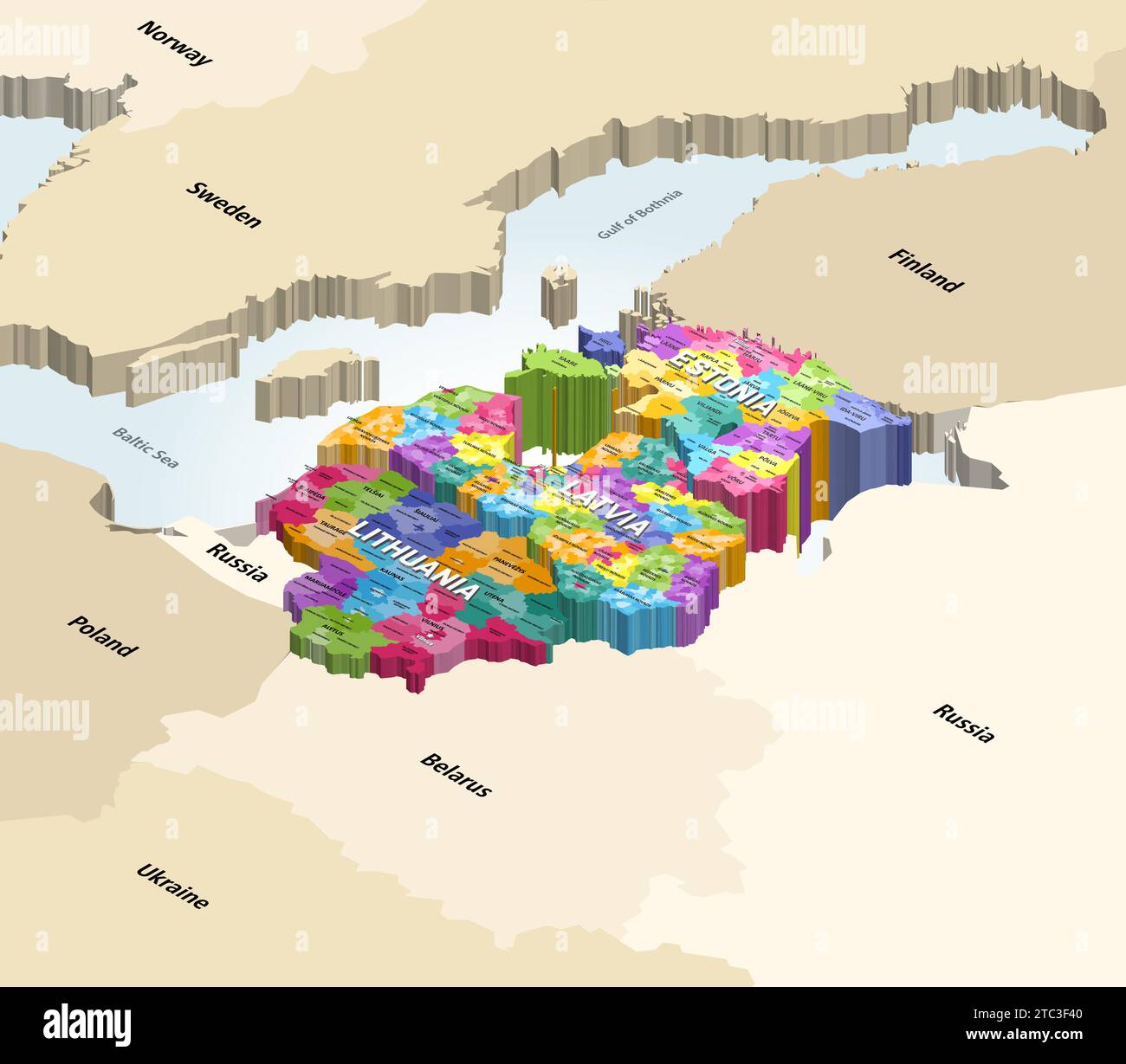 Baltische staaten, die die Länder Estland, Lettland und Litauen enthalten, Vektor-politische isometrische Karte mit Nachbarländern und -Gebieten Stock Vektor