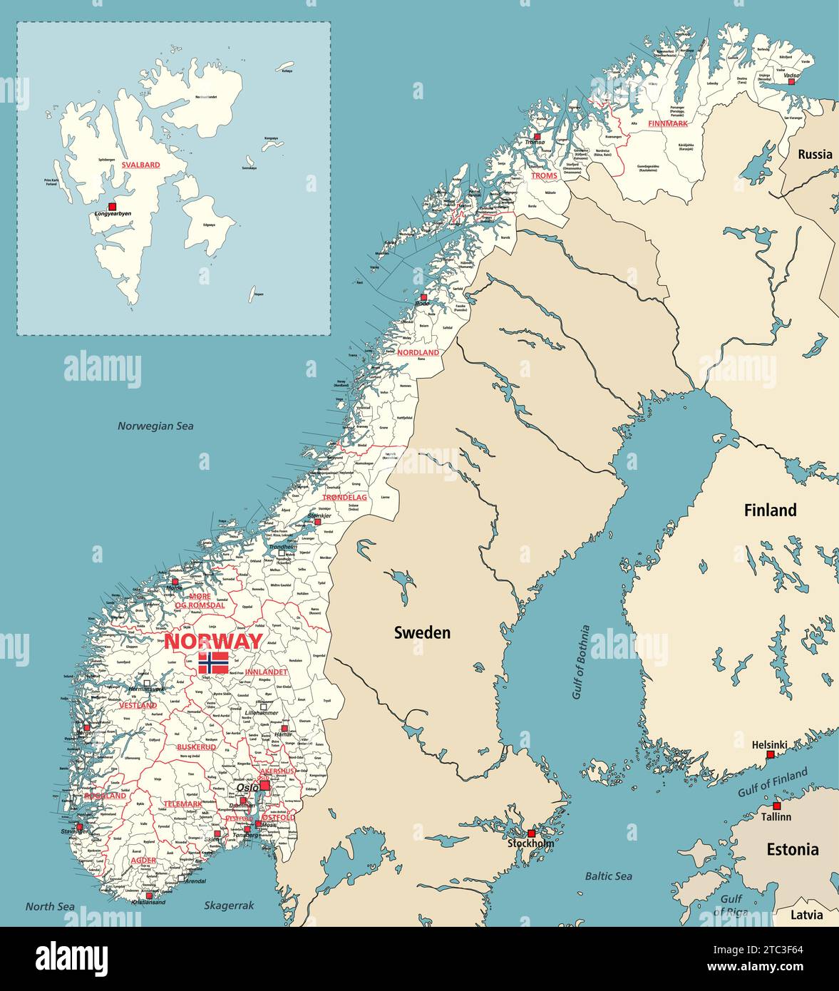 Norwegen Grafschaften und Gemeinden detaillierte Vektorkarte mit benachbarten Ländern und Gebieten Stock Vektor