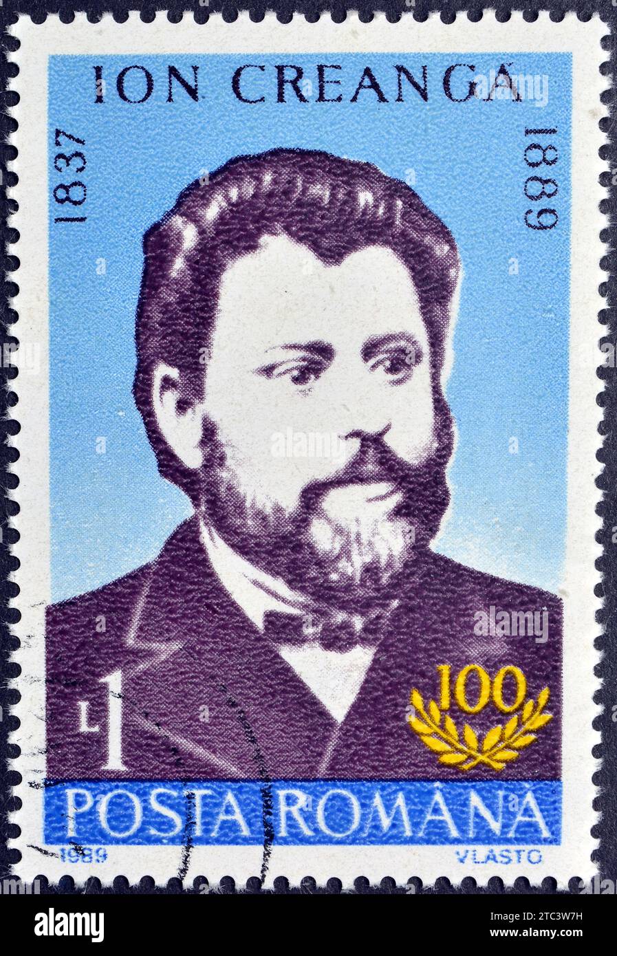 Gestempelte Briefmarke, gedruckt von Rumänien, die Porträt von Ion Creangă (1837-1889) zeigt, um 1989. Stockfoto