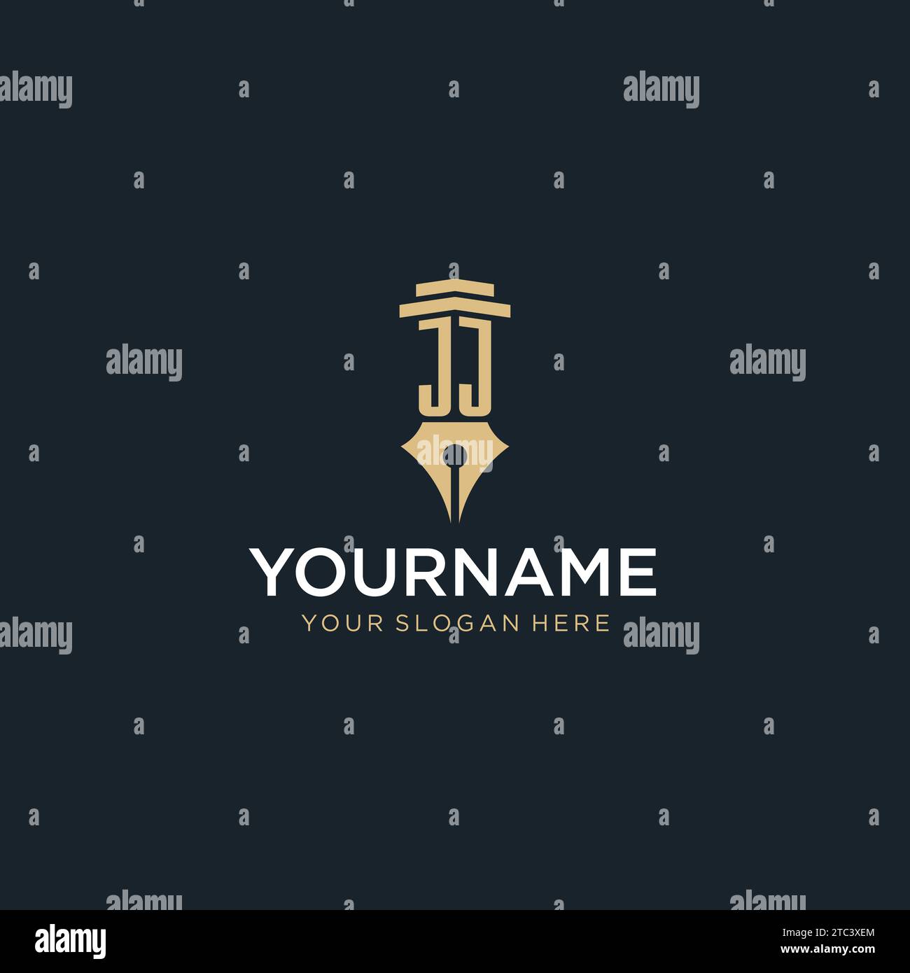 JJ-Monogramm-Initiallogo mit Füllfederhalter und Design-Ideen im Säulenstil Stock Vektor