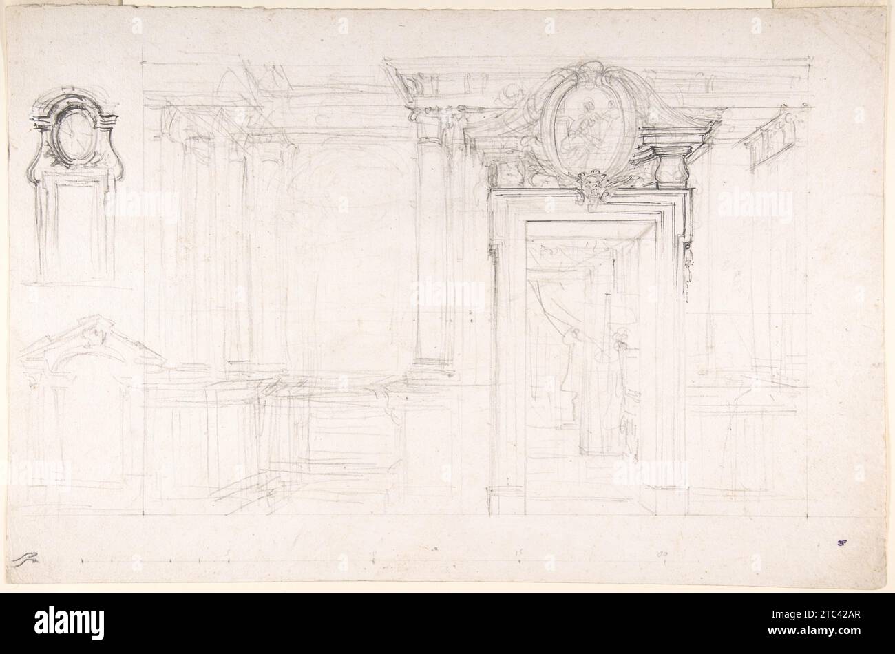 Architectural Sketch for the Design of a Wall with Doorway, mit zwei kleineren Skizzen für die Gestaltung von Fenstern oder Türöffnungen (Recto); Sketches for a Plan and partiell perspektivische View of ceiling (verso) 1965 von Luigi Vanvitelli Stockfoto