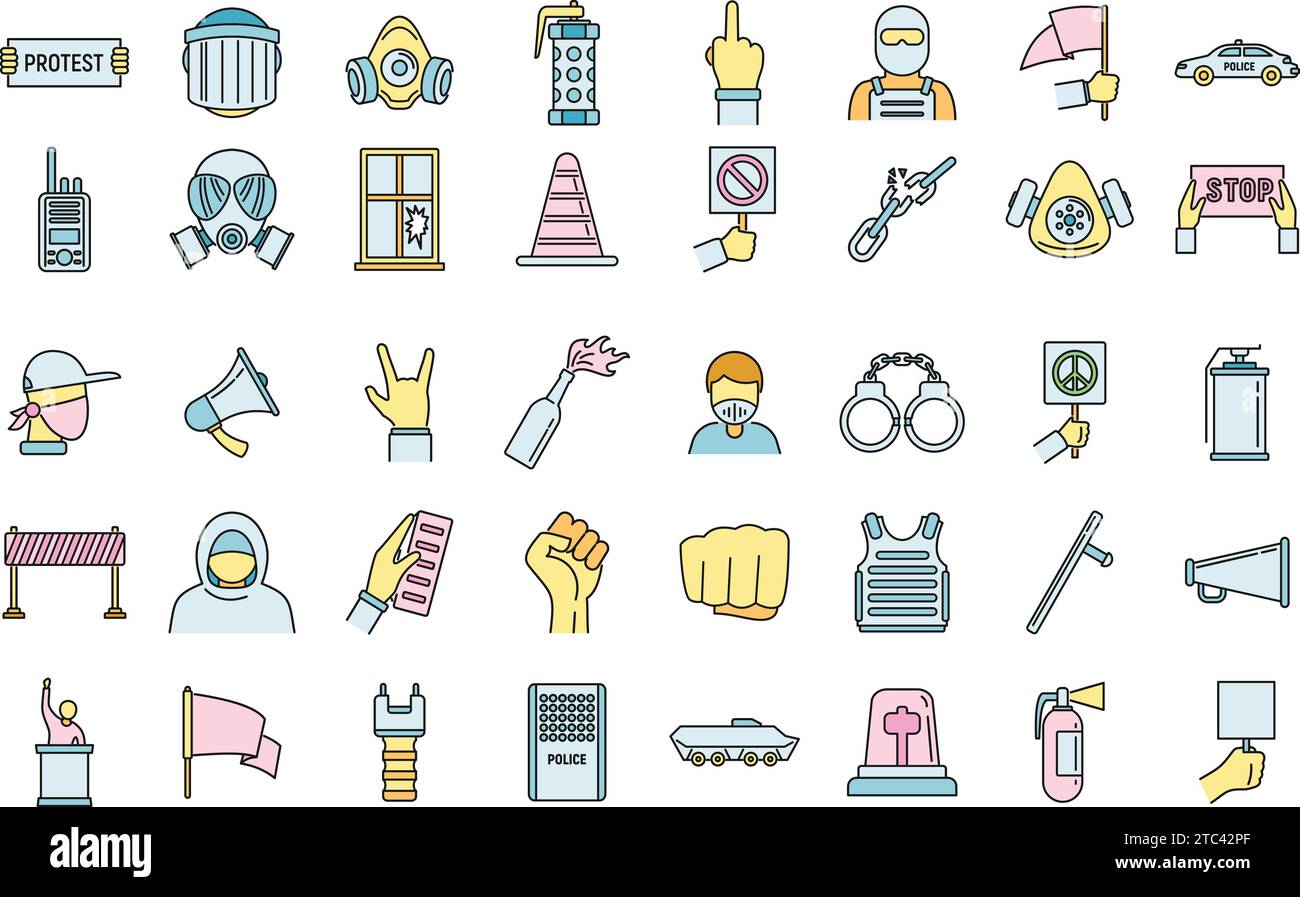 Protest Aktivisten Symbole gesetzt. Umrisssatz von Protestaktivist Vektor-Ikonen dünne Linie Farbe flach auf weiß Stock Vektor