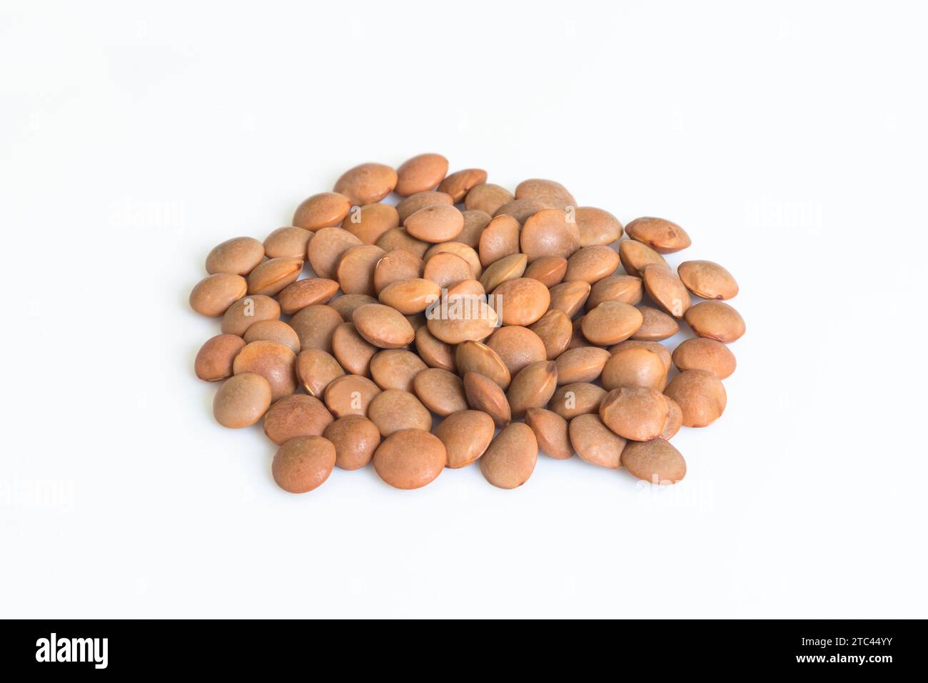 Haufen brauner Linsen auf weißem Hintergrund Stockfoto