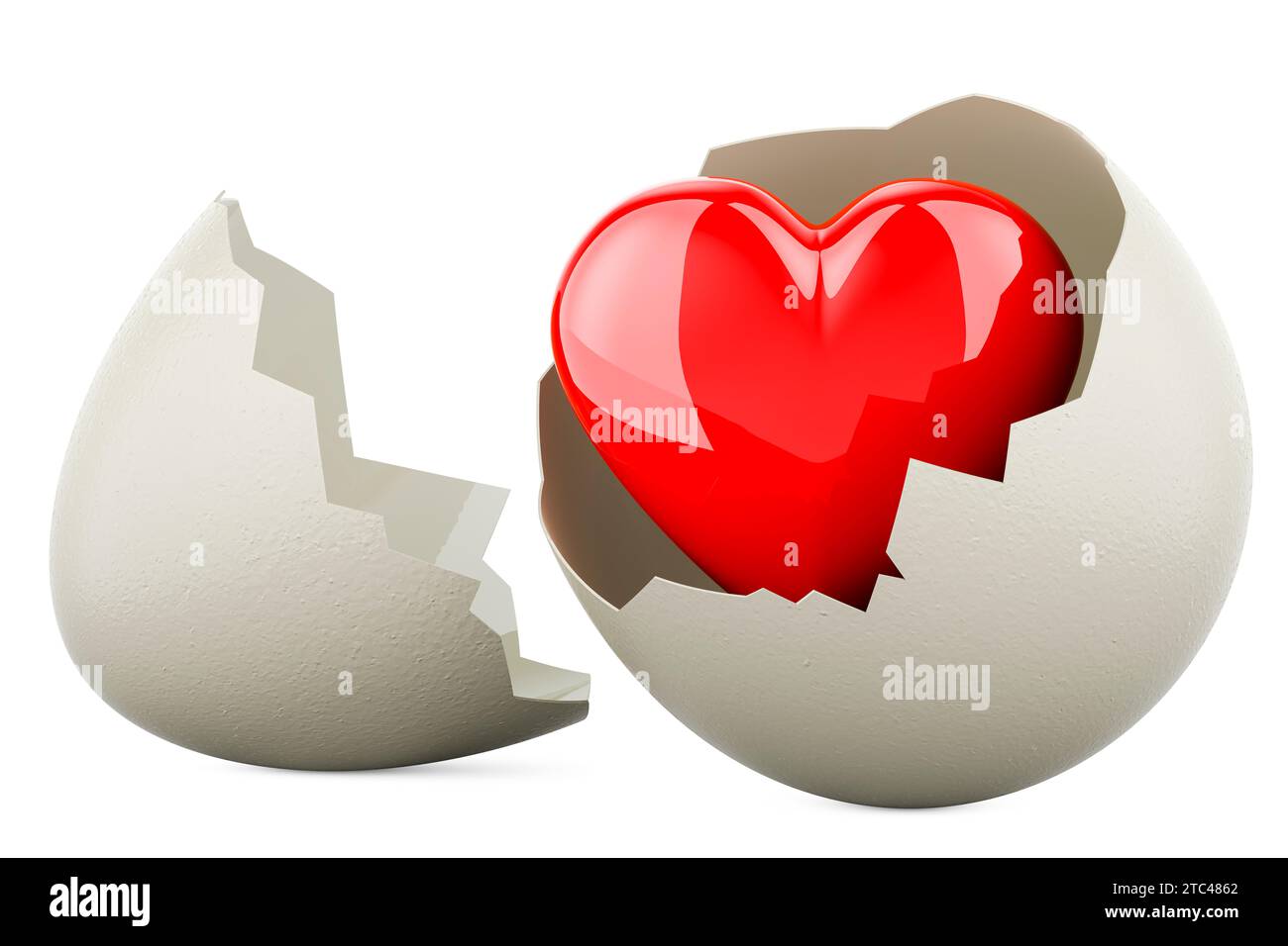 Rotes Herz in gebrochenem Hühnerei, 3D-Rendering isoliert auf weißem Hintergrund Stockfoto