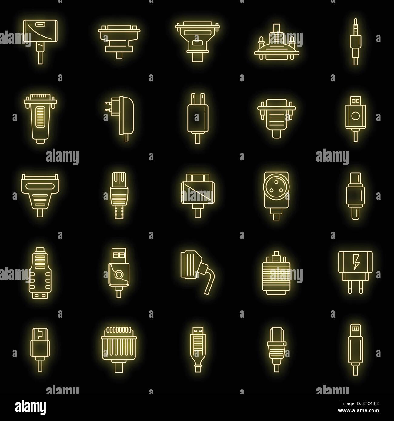 Adaptersteckverbinder-Symbole gesetzt. Kontursatz von Vektorsymbolen für Adapterstecker Neonfarbe auf Schwarz Stock Vektor