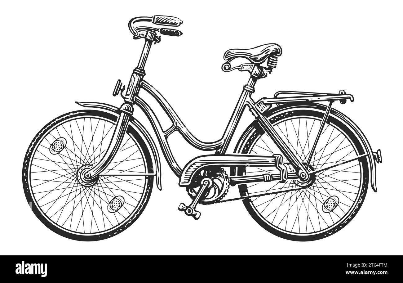 Retro-Fahrrad für Frauen, Sketch. Transport von Handfahrrädern isoliert Stockfoto