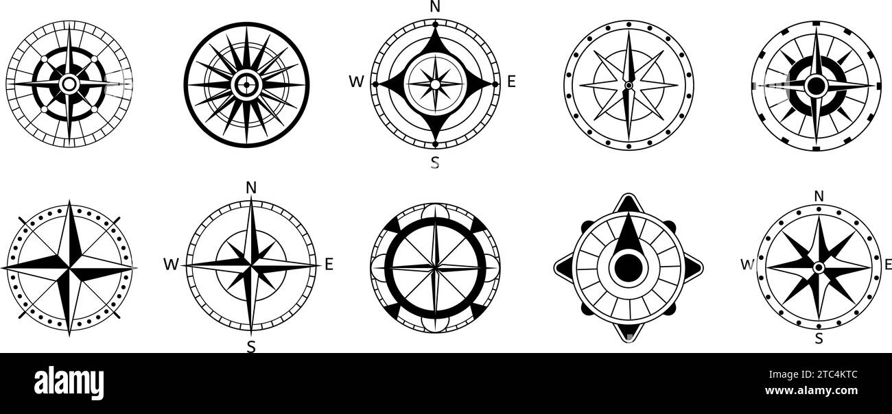 Kompasssatz. Meereswindrosen Clipart. Navigationssymbole, nautische Schwarzweißkompasse für Navigationsdienste, anständige Vektorsymbole Stock Vektor