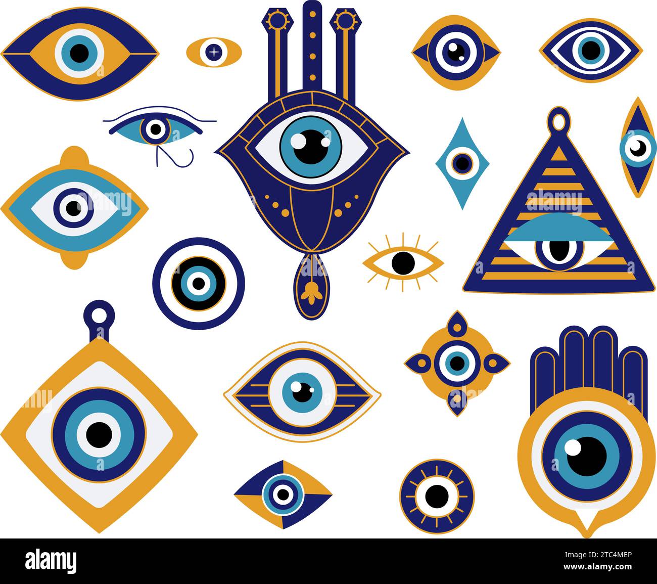Cartoon Evil Eyes verschiedene Maskottchen. Blaue Schutzamulette, Hand von fatima und spirituelles Dreieck. Auge der Vorsehung, magischer anständiger Vektor-Clipart Stock Vektor