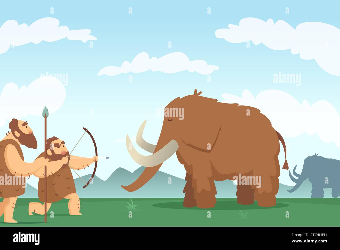 Mammut. Alte Jäger. Hintergrund des Zeichentrickvektors Stock Vektor