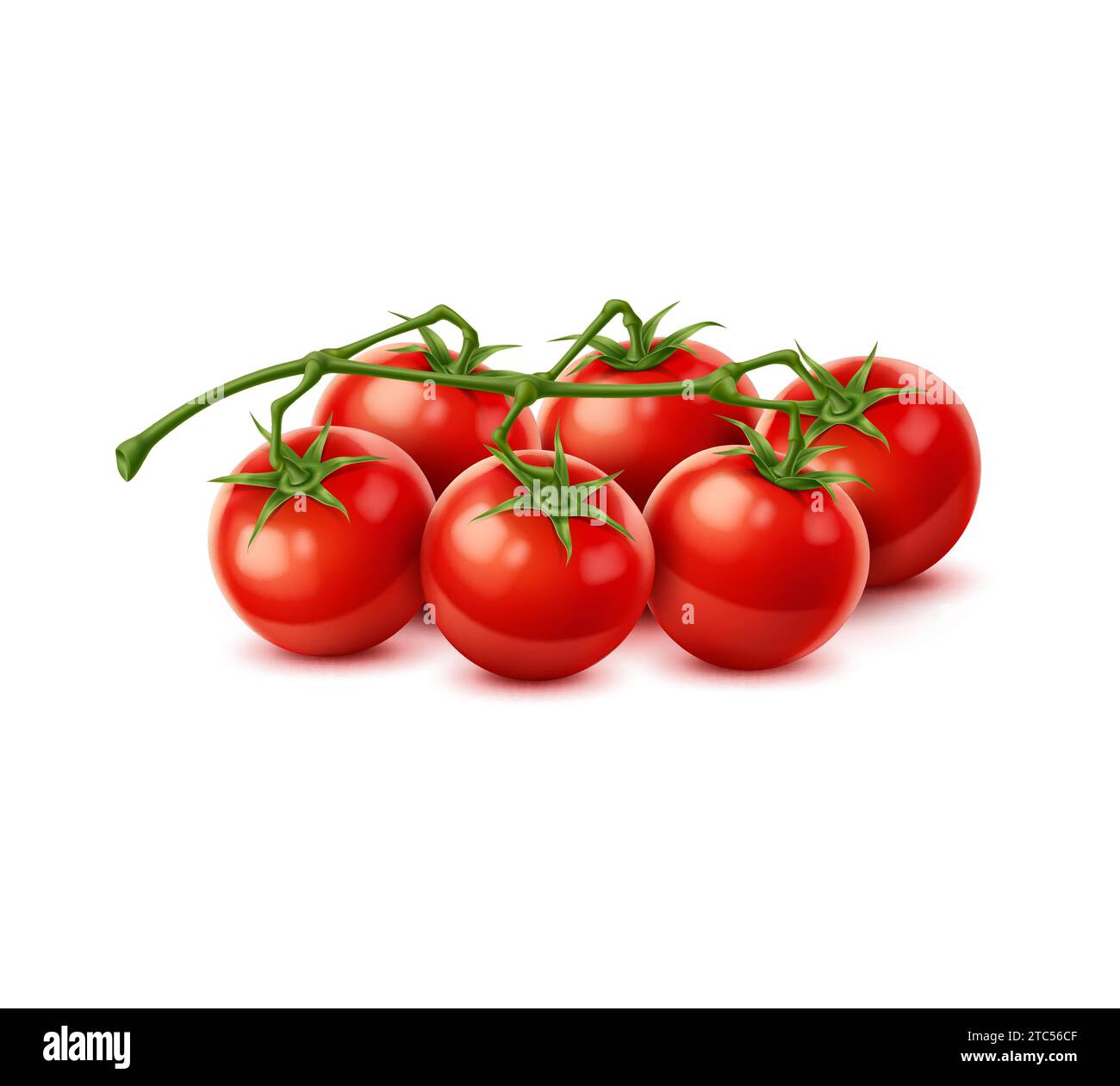 Rohe, realistische rote, reife Tomaten-Kirschgemüse lebendige Cluster, die vor Frische glitzert, verspricht einen Hauch von saftigem Geschmack. 3D-Vektorbündel Miniaturkugeln verkörpern das Wesen der sonnengeküssten Reife Stock Vektor