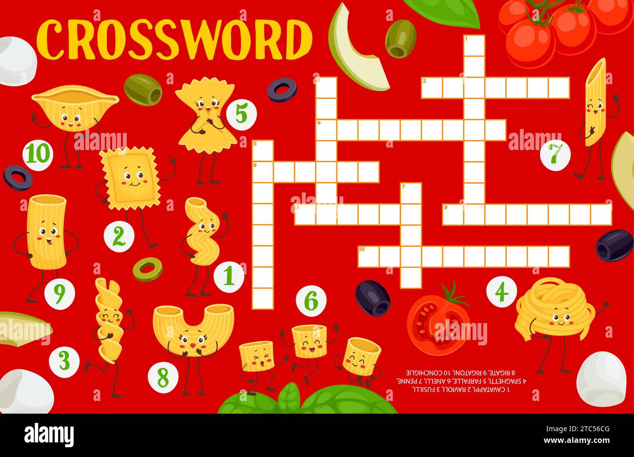 Kreuzworträtsel-Quiz mit lustigen italienischen Nudelfiguren. Word Grid Puzzle Vektor Arbeitsblatt mit Makkaroni Essen, Basilikum und Tomate. Farfalle, Penne, Spaghetti und Fusilli, Ravioli und Rigatoni Stock Vektor