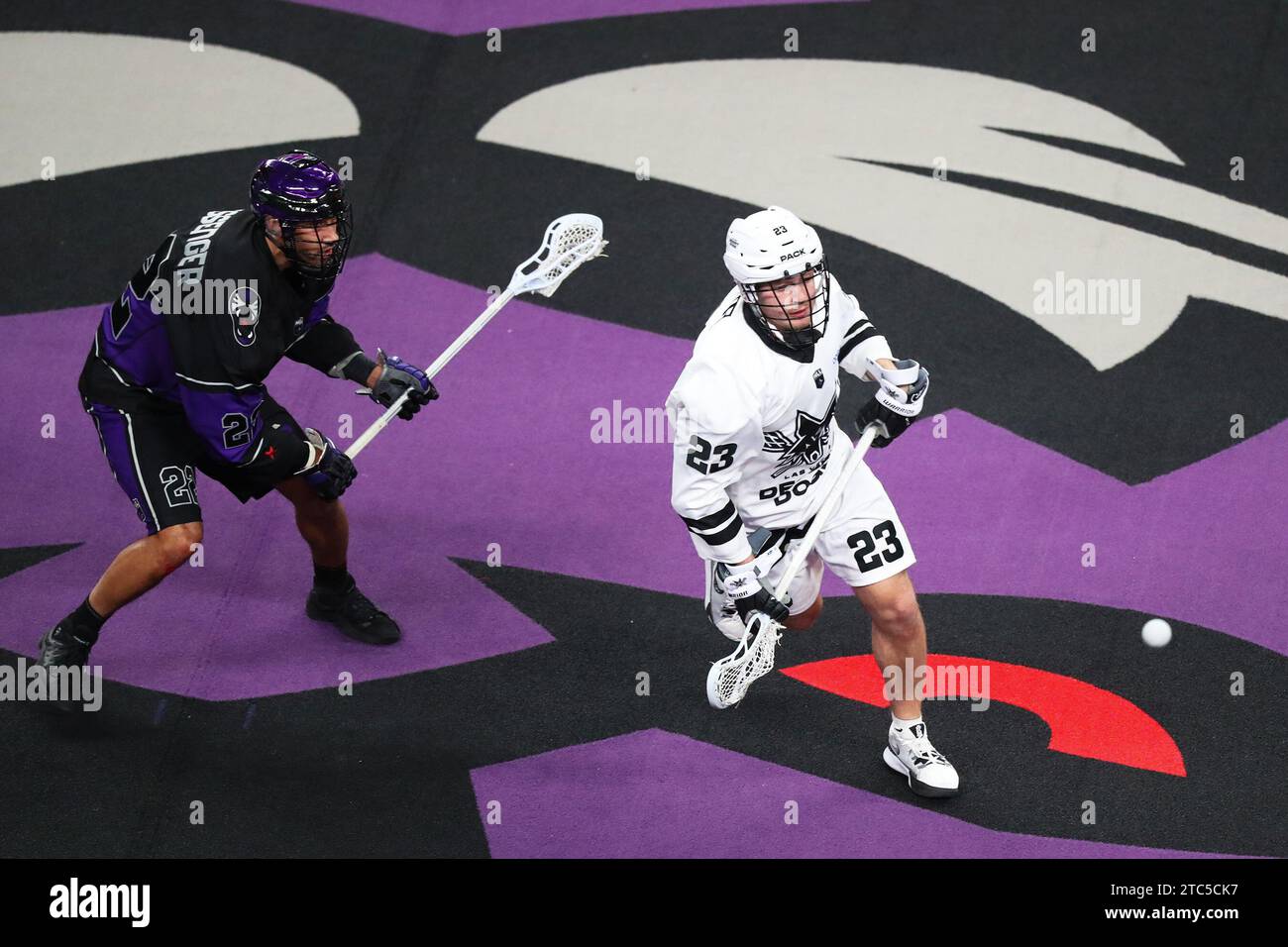 Fort Worth, Texas, USA. Dezember 2023. ZACH COLE, Verteidiger der Las Vegas Desert Dogs, lässt den Ball am Sonntagnachmittag während des PCLC-Heimspiels in der Dickies Arena in Fort Worth, Texas, gegen den Panther City Lacrosse Club EVAN MESSENGER (22) ausscheiden. Las Vegas gewann den Contenst 11-10 in Überstunden, 12:05 Uhr in der OT-Periode. (Kreditbild: © Brian McLean/ZUMA Press Wire) NUR REDAKTIONELLE VERWENDUNG! Nicht für kommerzielle ZWECKE! Stockfoto