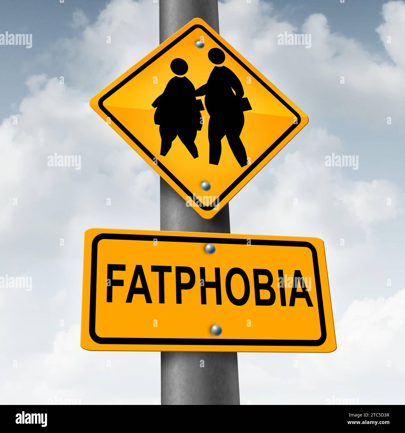 Fatphobie oder Fettphobie Bewusstsein als soziales Stigma von Adipositas und Angst vor Fettleibigkeit oder Übergewicht und Anti-Fett-Psychologie und Gewichtsverzerrung Stockfoto