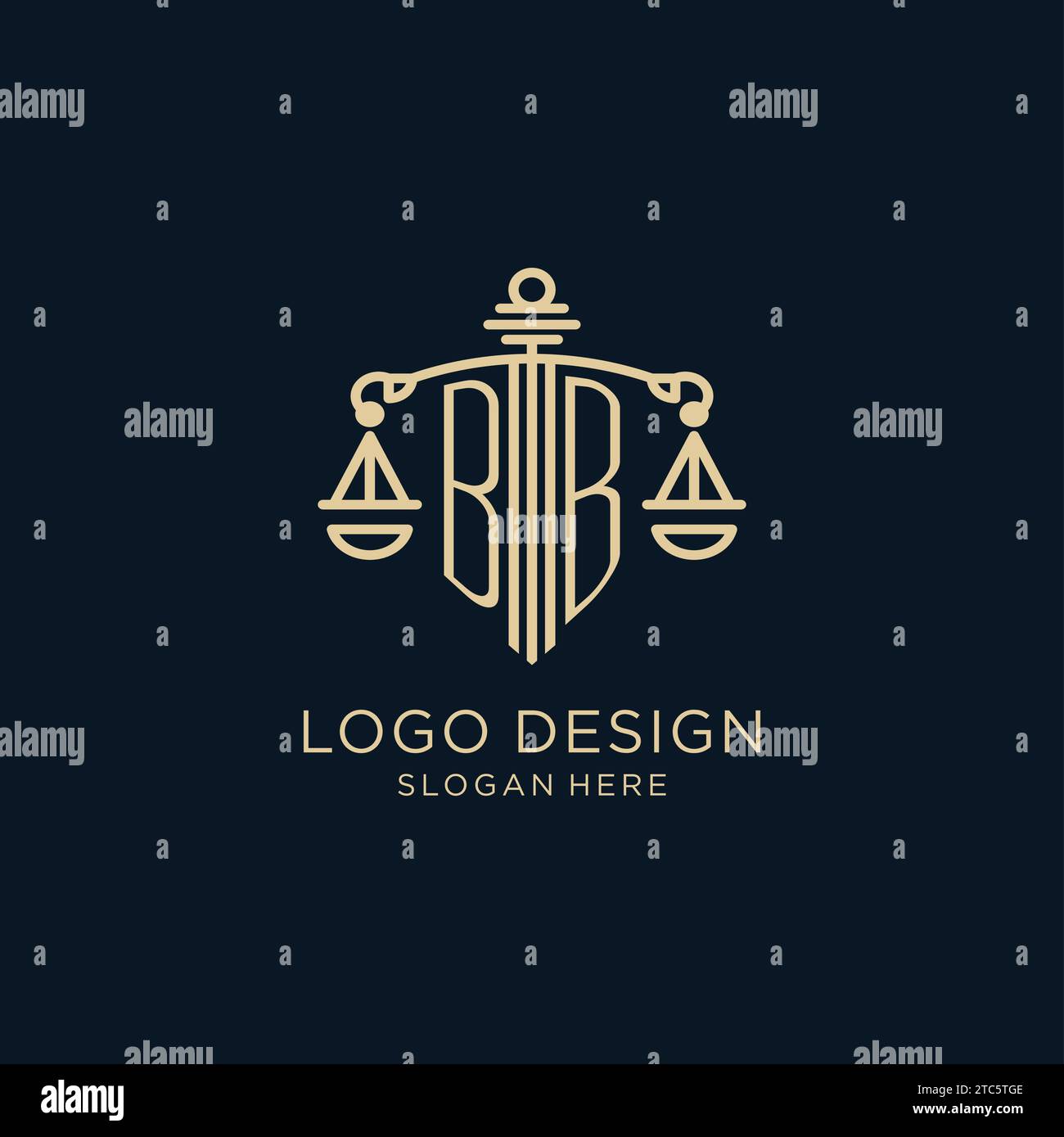 Ursprüngliches BB-Logo mit Schild und Skalen der Gerechtigkeit, Luxus und moderne Anwaltskanzlei-Logo-Vektorgrafik Stock Vektor