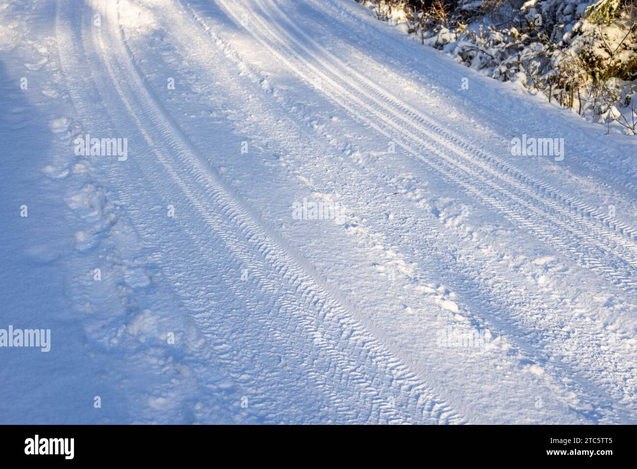Autospur im Schnee auf einer Straße Stockfoto