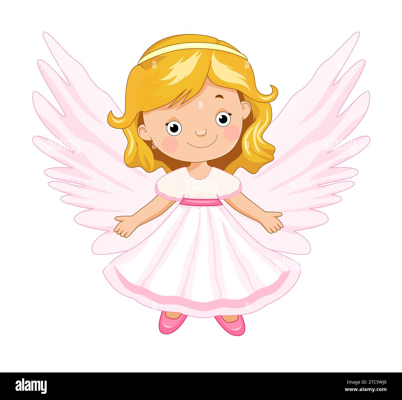 Baby Angel steht in einem rosa Kleid auf weißem Hintergrund. Niedliche Kinderpuppe, Spielzeug Angelic. Stock Vektor