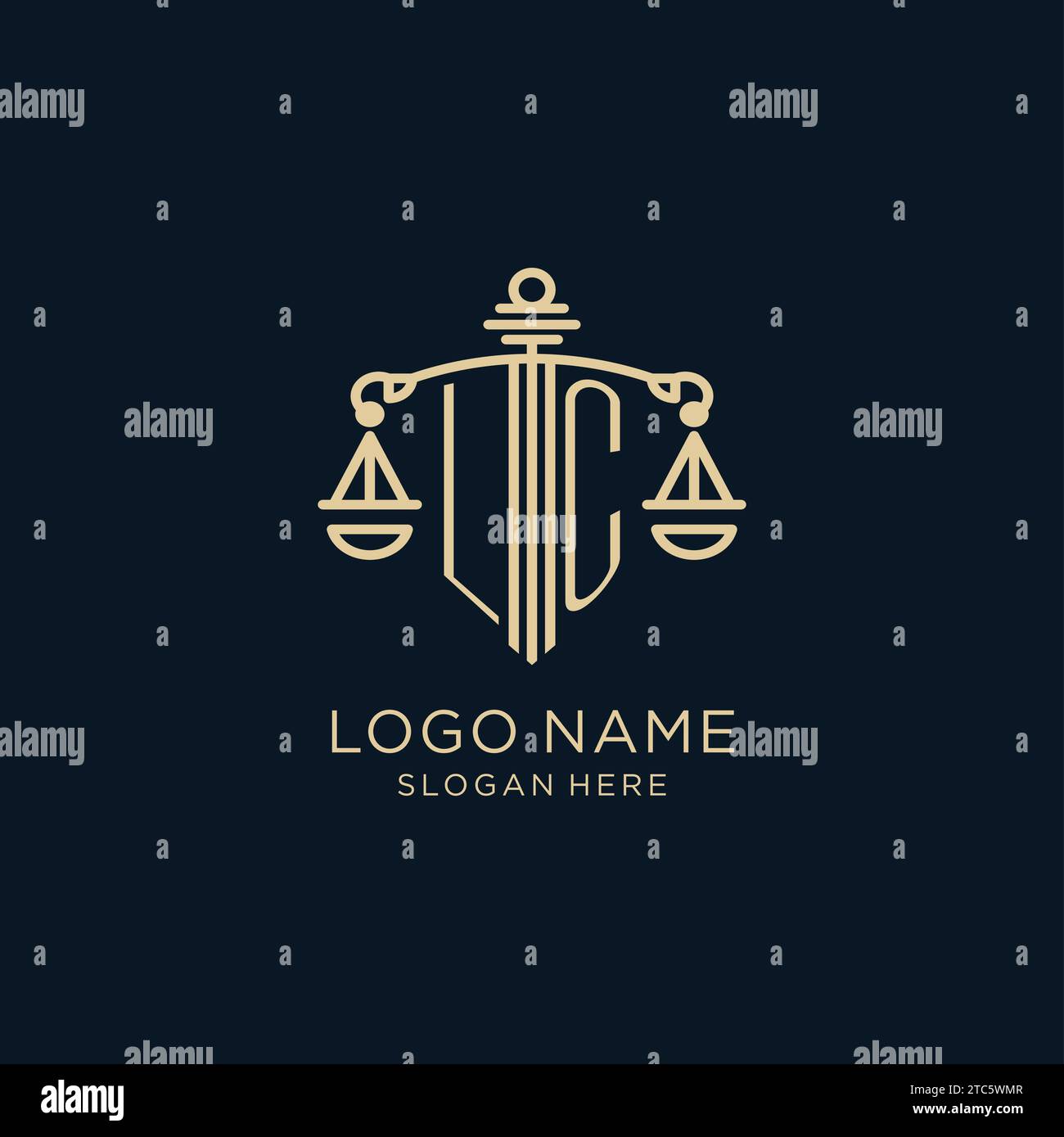 Anfängliches LC-Logo mit Schild und Waage of Justice, luxuriösem und modernem Anwaltsbüro-Logo Vektorgrafik Stock Vektor