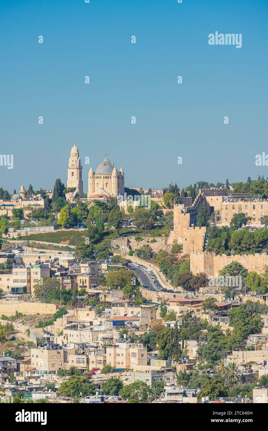 Blick auf die Dormition Abbey - Hagia Maria, christliche Kirche auf dem Berg Zion, Jerusalem, Israel Stockfoto