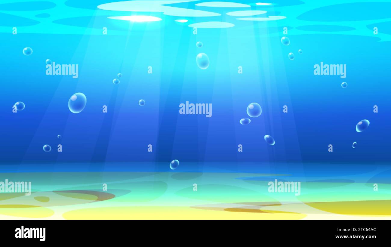 Sandiger Meeresboden unter Wasserschicht mit Blasen und Sonnenstrahlen. Karikaturvektor Meer oder Ozean Unterwasserlandschaft mit blauem klarem Aqua tief mit leerem Boden und Reflexionen auf der Oberfläche. Stock Vektor