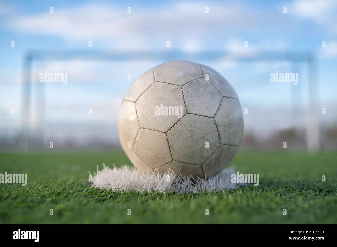 Weißer Fußball, der auf dem Rasen auf dem Fußballfeld liegt Stockfoto