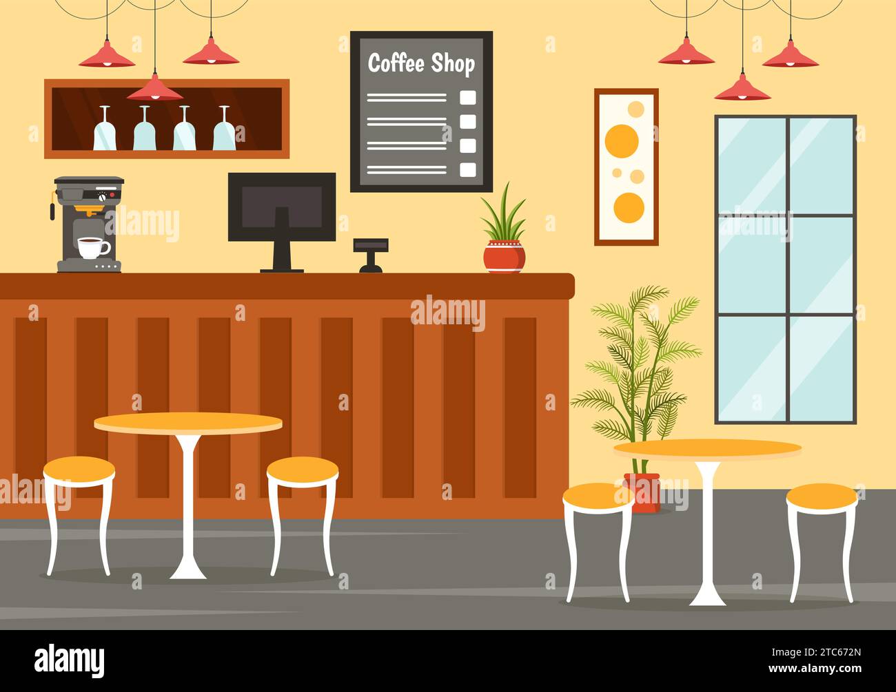 Coffee Shop Vektor-Illustration mit Innenraum und Möbeln passend für Poster oder Werbung im flachen Cartoon Hintergrund Design Stock Vektor