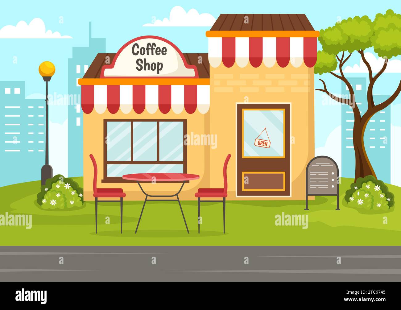 Coffee Shop Vektor-Illustration mit Innenraum und Möbeln passend für Poster oder Werbung im flachen Cartoon Hintergrund Design Stock Vektor