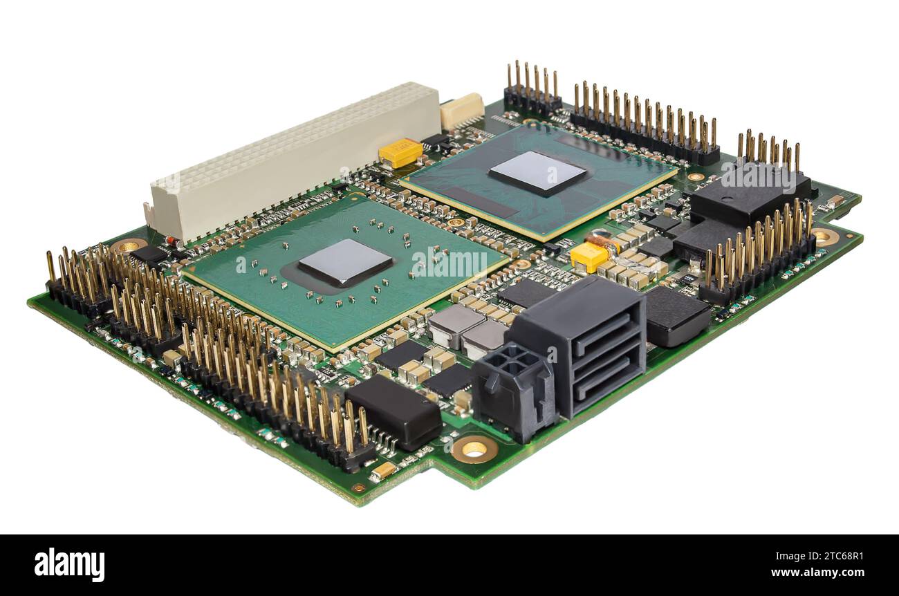 Integrierte PCI-104-CPU-Platine isoliert auf weißem Hintergrund Stockfoto