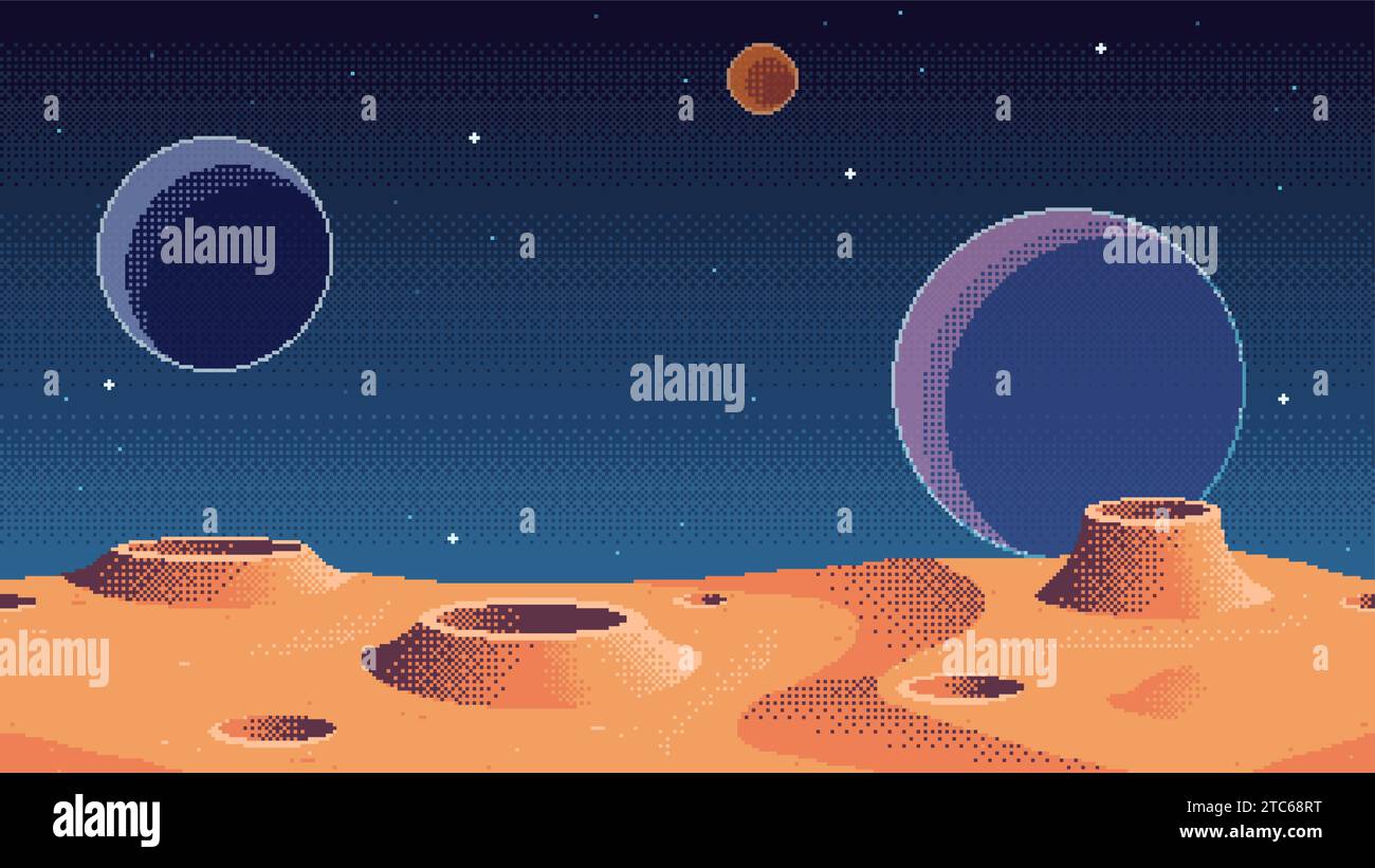 Pixel Art Planet Oberfläche Hintergrund mit Monden am Himmel. Kosmischer Spielort. Illustration des nahtlosen Vektors des Weltraums Stock Vektor
