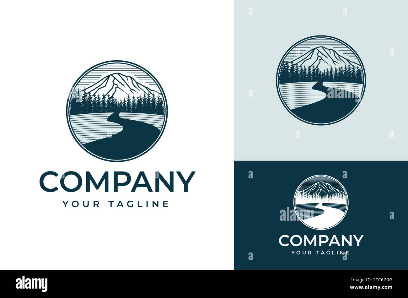 Mountain Peak Peak mit Wald Silhouette Lärchenbaum Tanne Schwarz weiß für Abenteuer Vintage Circle Label Design Logo Landschaft Outdoor Stock Vektor