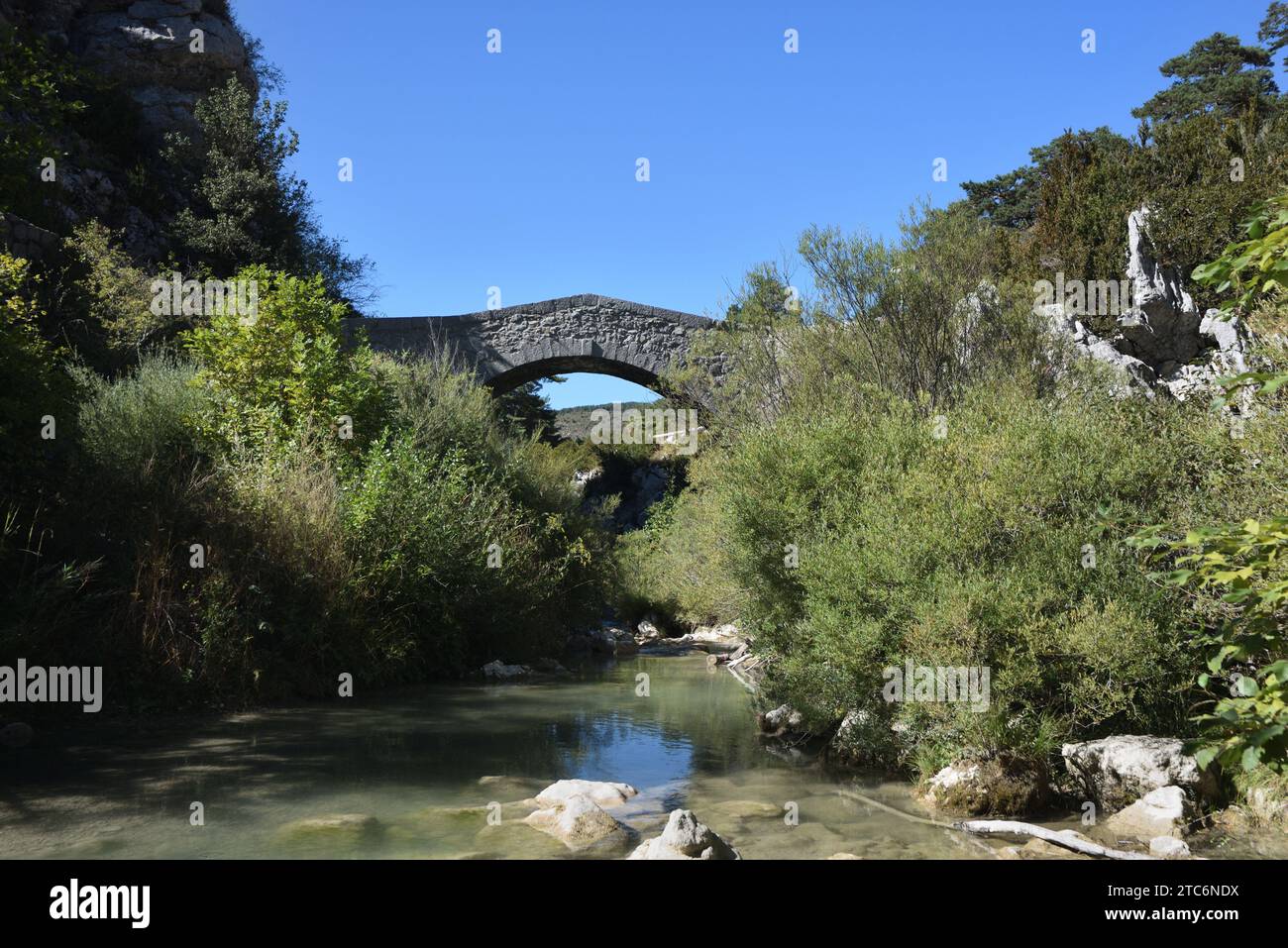 Pont de Madame, mittelalterliche Buckelbrücke, über den Artuby-Fluss La Martre Var Provence Frankreich Stockfoto