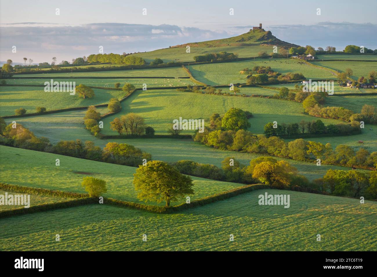 Blick auf die sanfte Landschaft zur Brentor Church im Dartmoor National Park, Devon, England. Frühjahr (Mai) 2023. Stockfoto