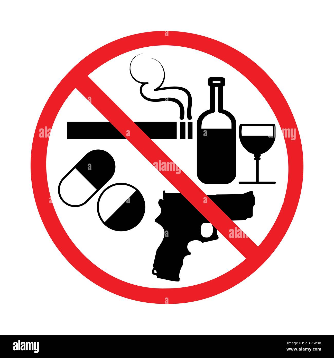 Vektor kein Rauchen, keine Drogen, kein Alkohol, keine Waffen Verbotszeichen Symbol. Stock Vektor