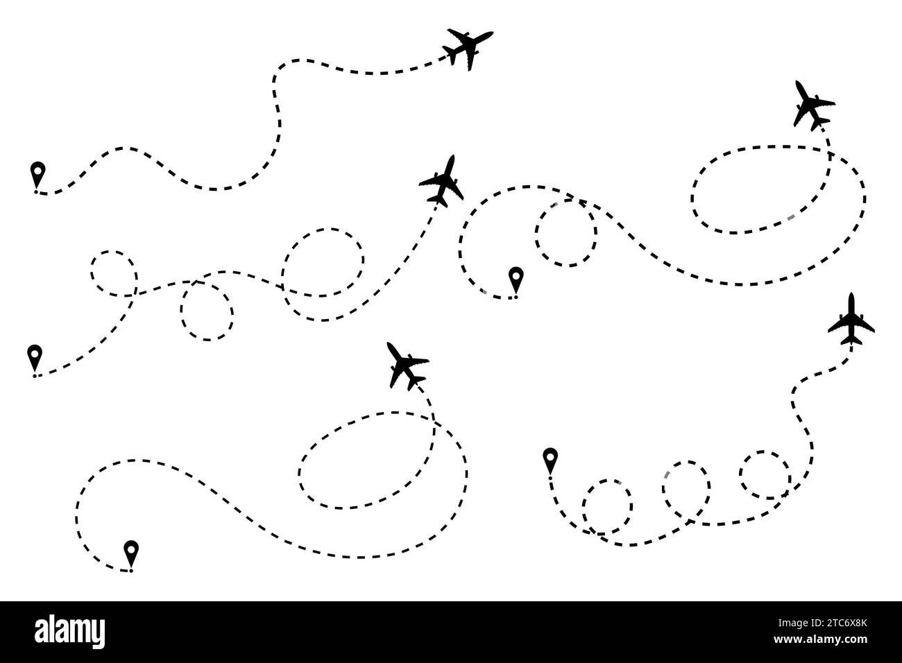 Flugzeuglinie Pfad Symbol, Flugzeug gestrichelte Linie Weg, Flugzeugweg zur Position, Flugtourismus Route Pfad Vektor. Stock Vektor