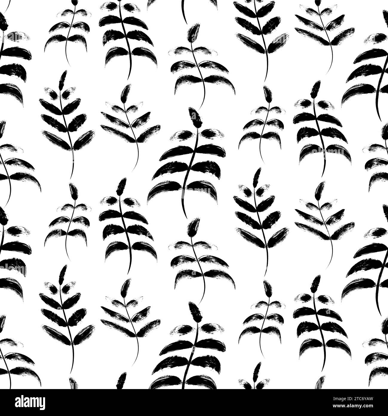 Grunge-Blätter nahtloses Muster mit handgezeichneten Grasblättern. Verzierung zum Bedrucken von Stoff, Umschlag und Verpackung. Einfache schwarz-weiße Vektor-Ornam Stock Vektor