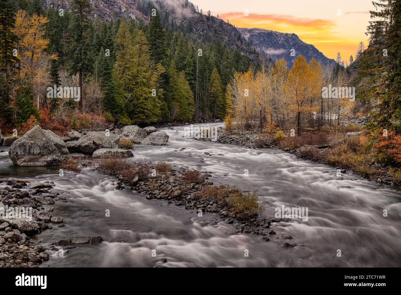 Ein Fluss, der sich durch einen Wald im US-Bundesstaat Washington schlängelt, mit Herbstlaub und felsigen Ufern Stockfoto