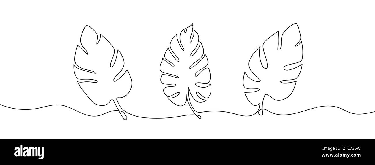 Kontinuierliche Linienzeichnung tropischer Blätter. Hintergrund einer Zeichnung mit einer Linie. Vektorabbildung. Durchgehende Blattlinie. Stock Vektor