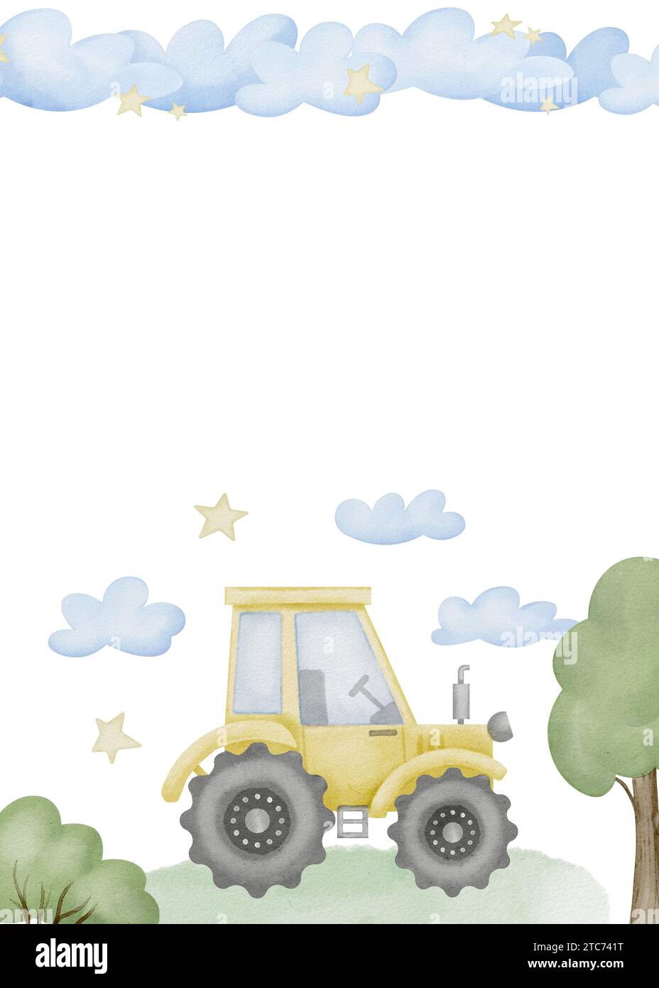 Einladung zur Kinderparty. Aquarellabbildung handgezeichnet auf isoliertem Hintergrund. Babydusche oder Geburtstagskartenvorlage. Niedlicher Rahmen mit Traktor und Wolken mit Platz für Text. Stockfoto