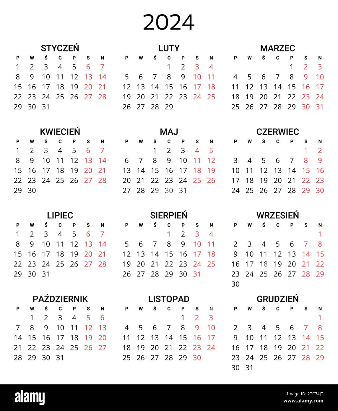 polnischer Kalender 2024. Druckbare, editierbare Vektorillustration für 