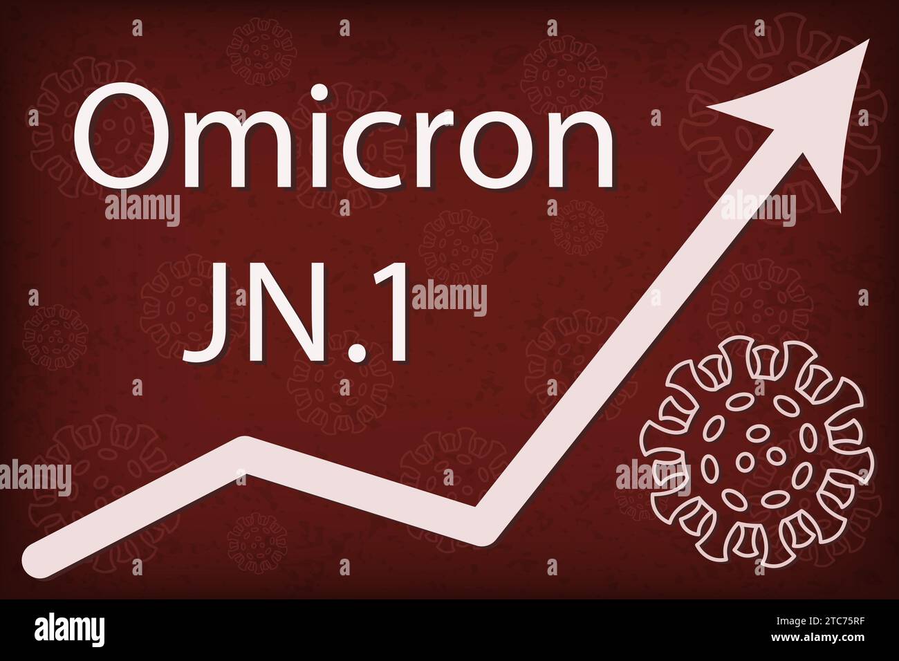 Eine neue Omicron-Variante JN.1 ist ein Nachkomme von Pirola oder BA.2,86. Der Pfeil zeigt eine dramatische Zunahme der Krankheit. Weißer Text auf dunkelrotem Hintergrund mit Stock Vektor